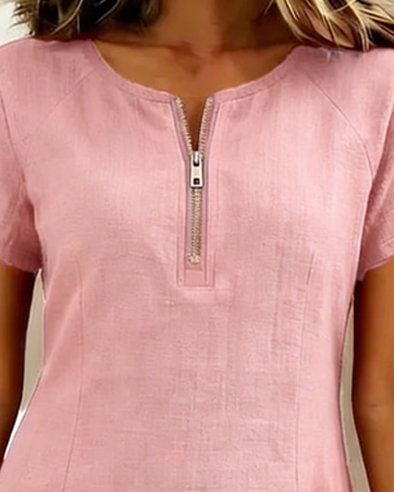 Zipper Pocket Cotton Linen Dress