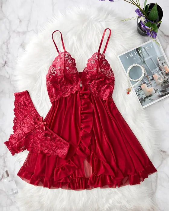 Ladies' Sexy Ruffle Trim Lace Cami Nightdress & Bow Decor Panty Set
