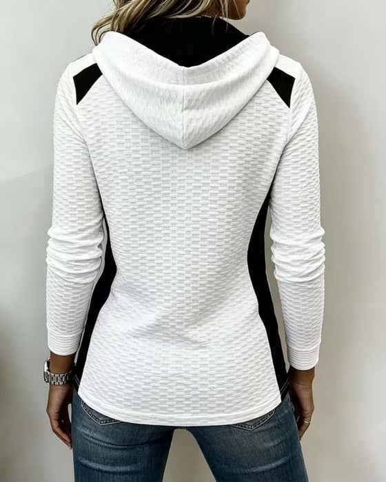 Buttoned Drawstring Color Block Hoodie