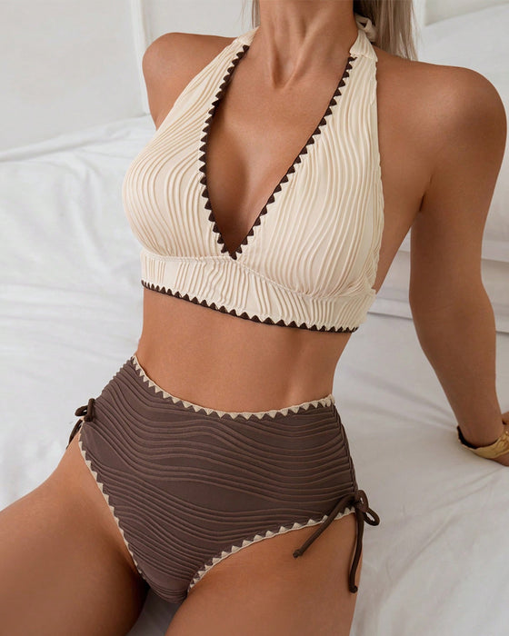 Halter Neck Contrast Color Bikini Two-Piece Set
