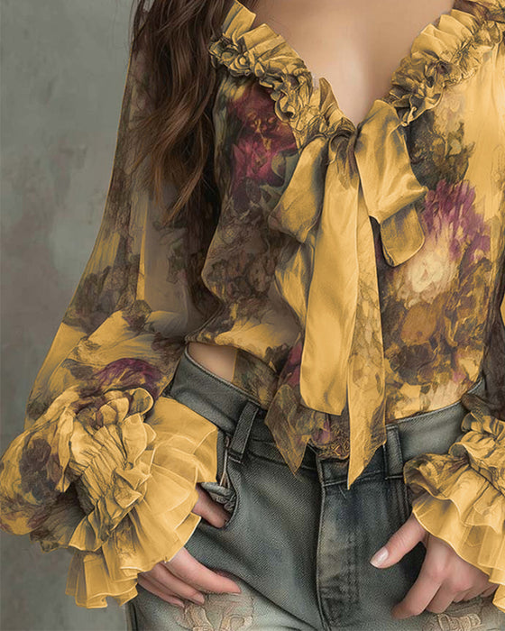 Lotus-Print Elegant Blouse
