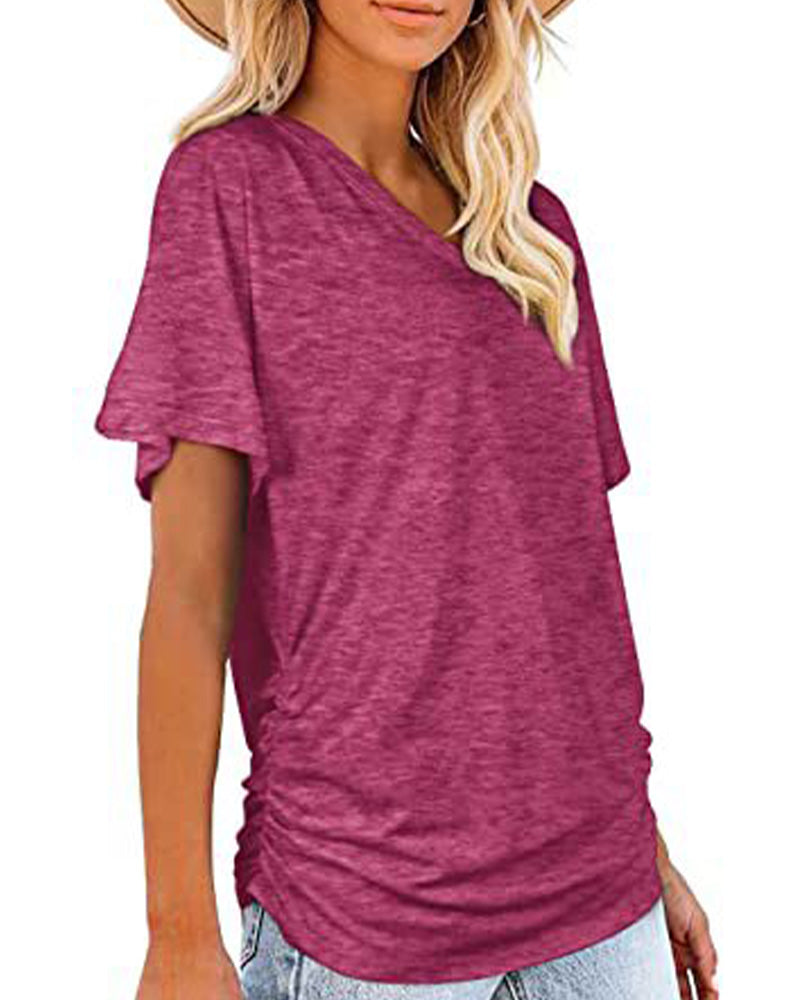 Pleated Solid Color V-Neck T-Shirt