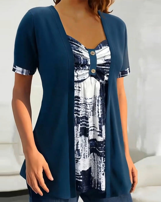 Printed Fake Two Piece Irregular Blouse