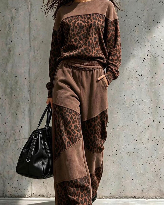 Leopard Print Patchwork Sweatshirt Set