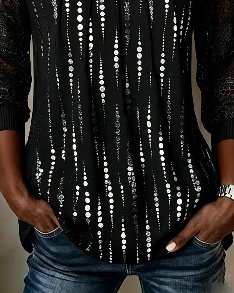 Round Neck Shirred Lace Polka Dot Top
