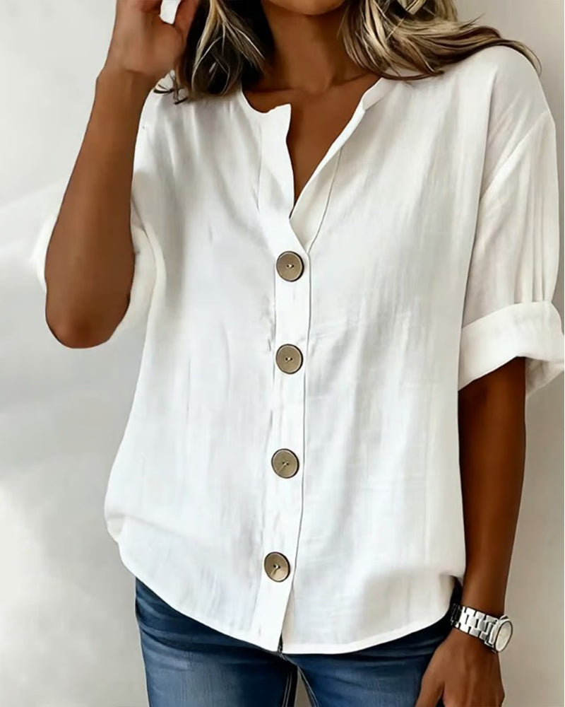 Large Button Loose Short Sleeve Blouse