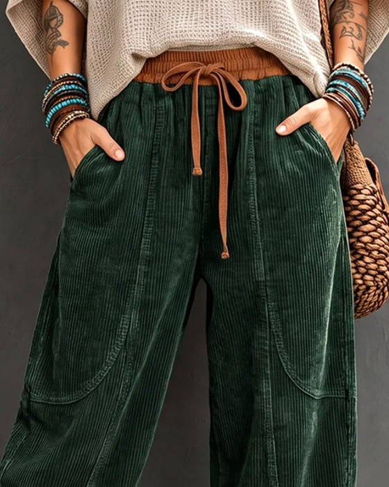 Elastic Waist Color-Block Cropped Wide-Leg Pants