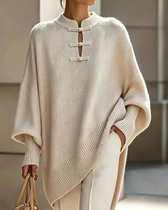 Mandarin Knot Button Loose Fit Cape Pullover