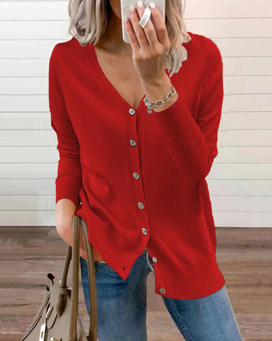 Plain Knitted Top With Button Closure And V-Neck For Women