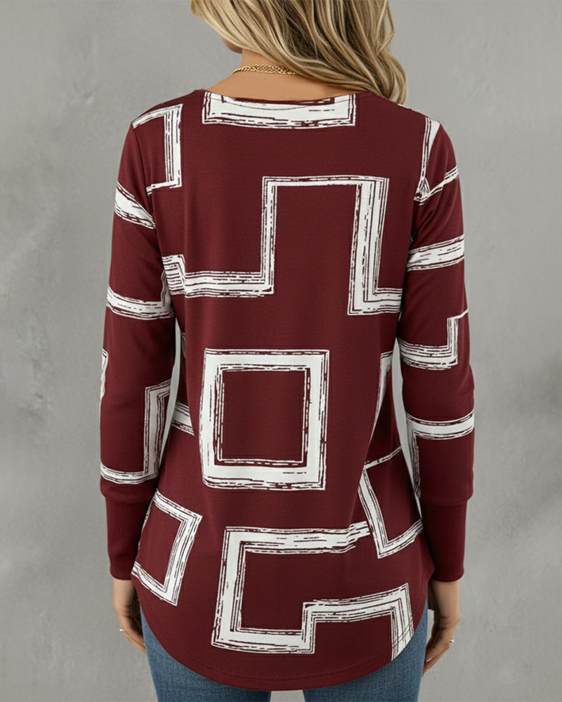 Long-Sleeved Slanted-Neck Graphic Print Top