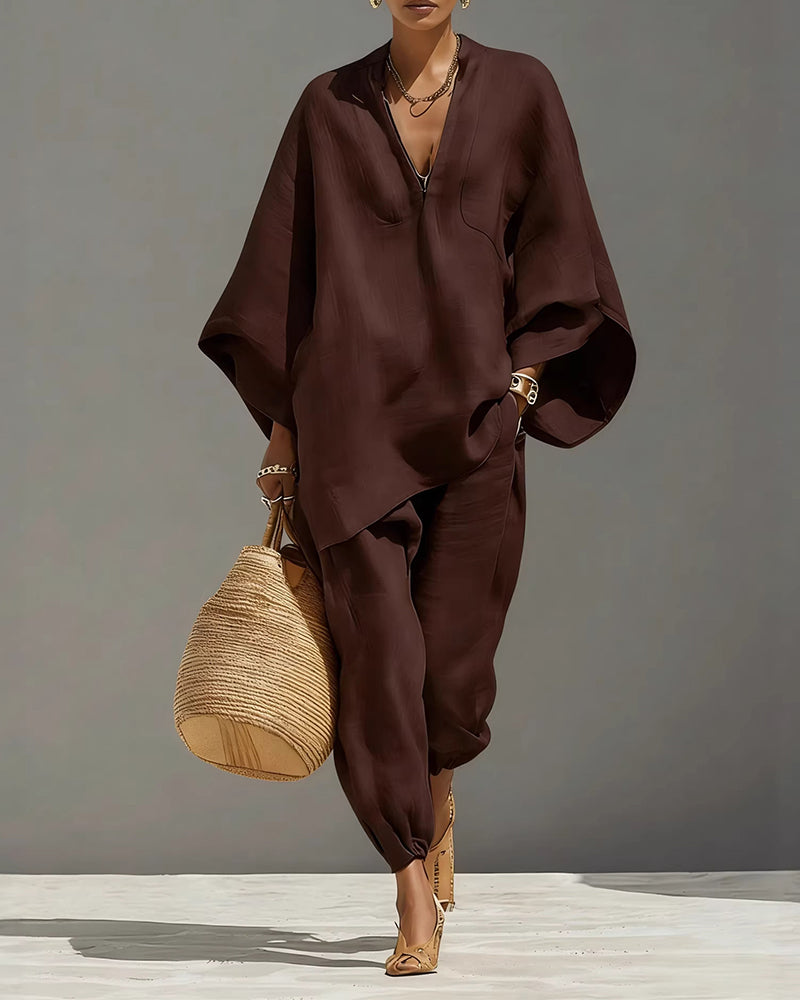 V-Neck Relaxed Sleeve Casual Set
