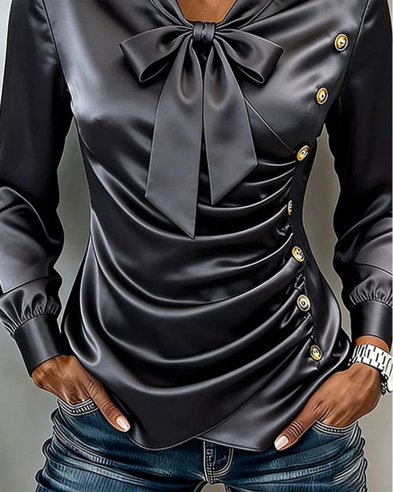 V-Neck Bow Shirred Button Blouse