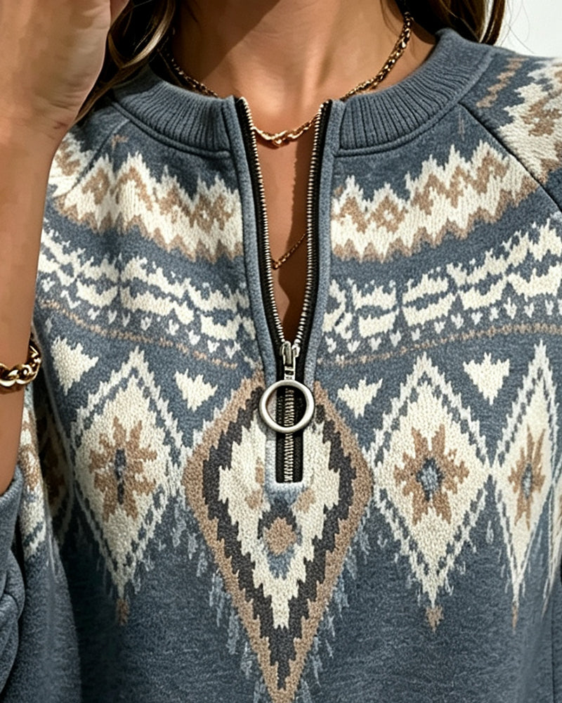 Zipper Printed Long Sleeve Sweatshirt