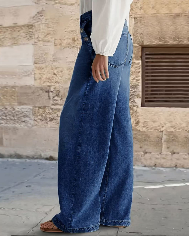 Multi-Button Washed Loose Jeans
