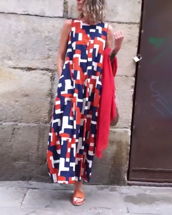 Geometric print sleeveless pocket dress