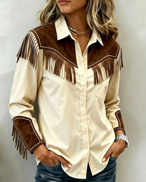 Fringed Splicing Contrast Color Long Sleeve Shirt