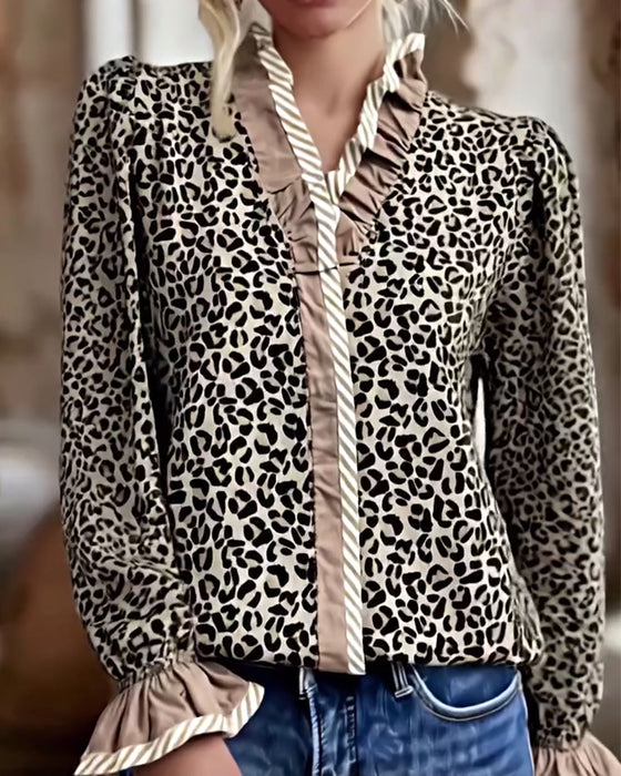 Casual Leopard Print Long-Sleeved Blouse