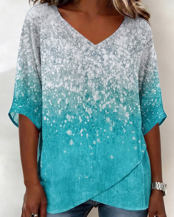 V-Neck Snowflake Gradient Hem Irregular T-Shirt