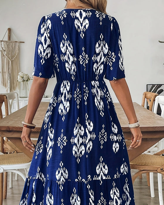 V-Neck Print Full Skirt High Waist Dress