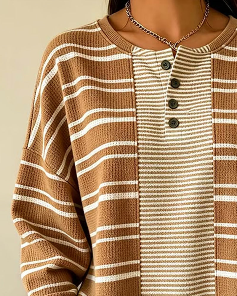 Striped Patchwork Long Sleeve Henley Sweatshirt