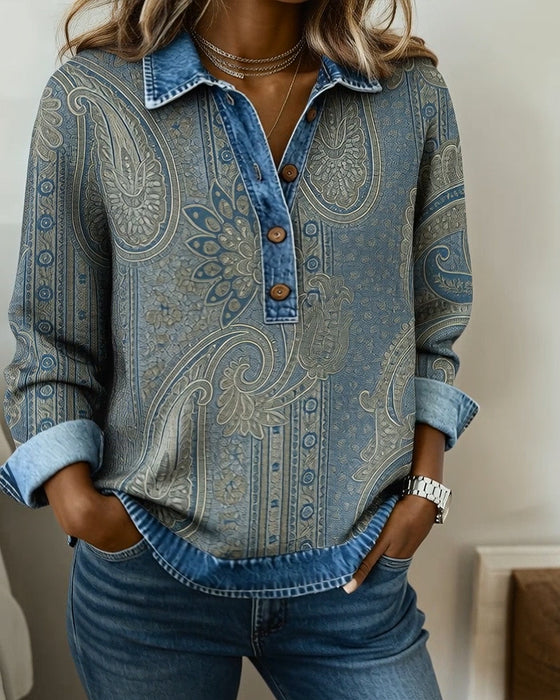 Color-Blocked Button-Down Collar Sweatshirt