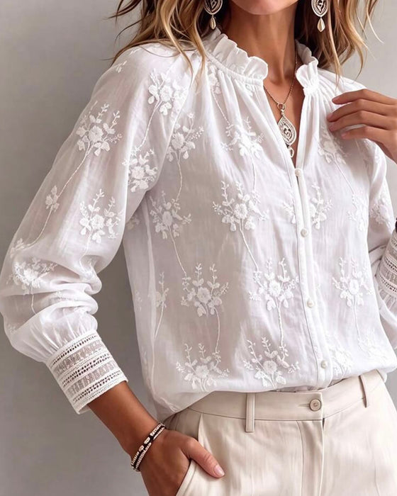 Ruffle Edge Mandarin Collar Blouse