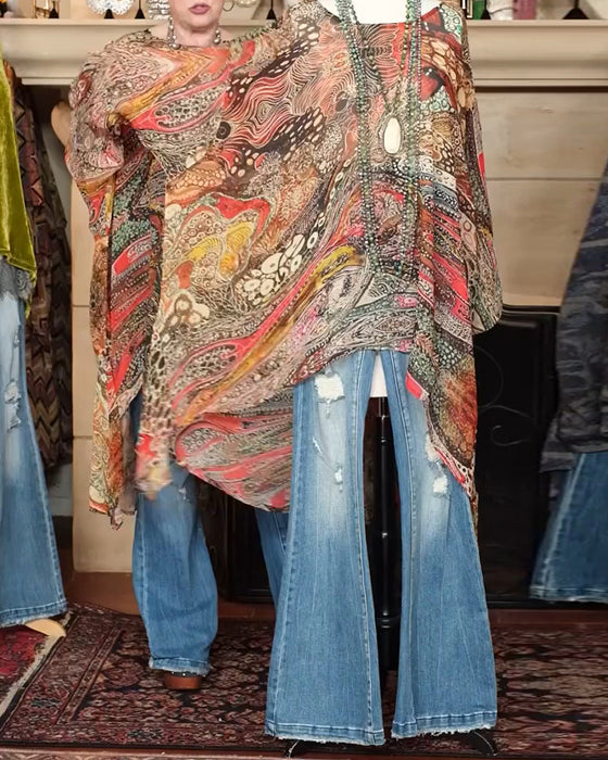 Loose Batwing Sleeve Print Blouse