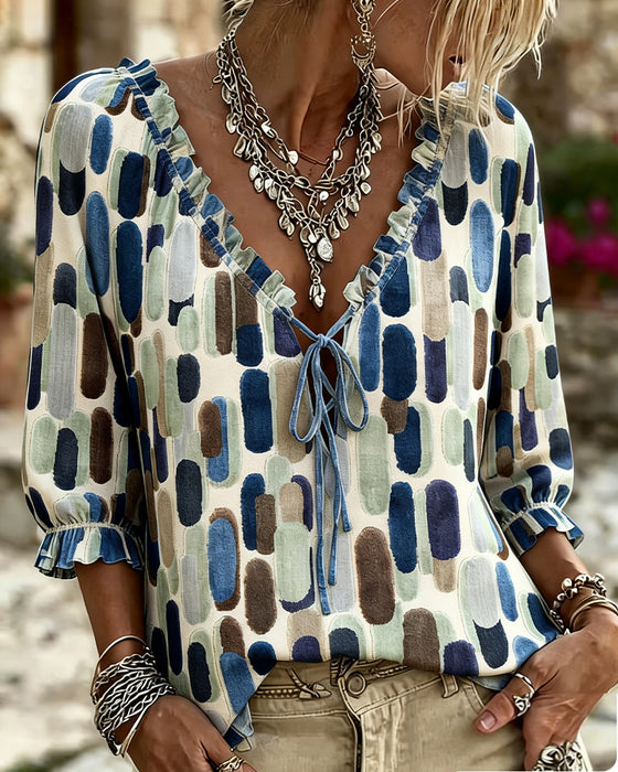 Color-Block Ruffle Tie V-Neck Blouse