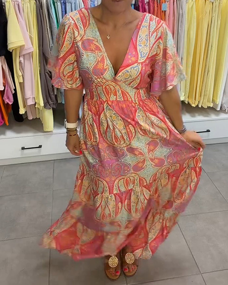 V-Neck Ruffle Print Dress