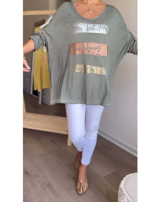 Long sleeve round neck letter print top