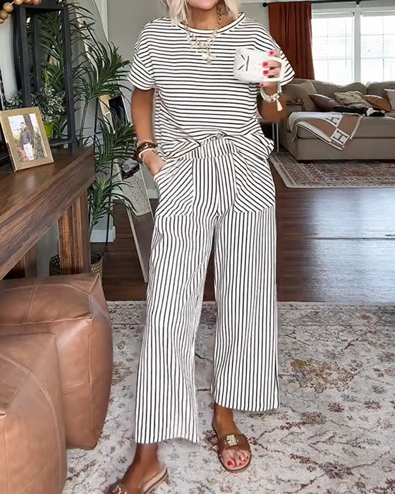 Round Neck Striped Elastic Waist Pocket Set