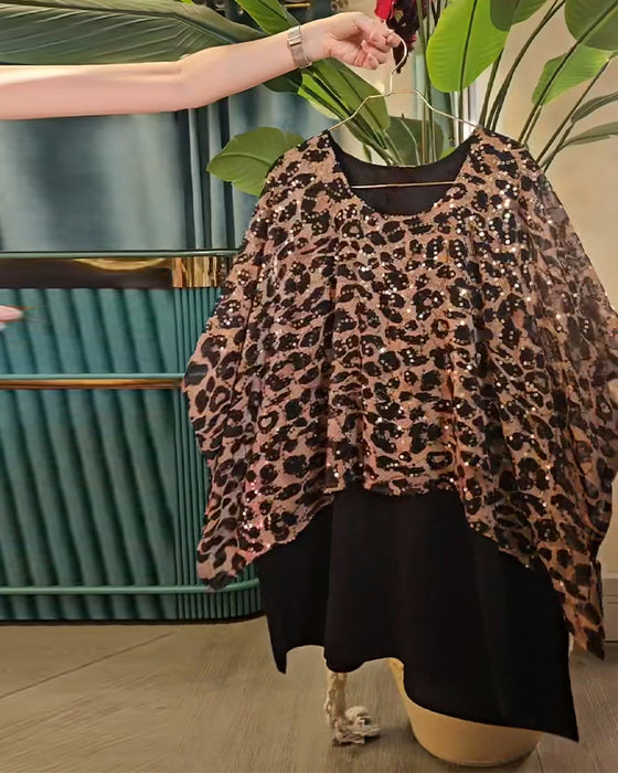 Leopard Print Sequined Batwing Sleeve T-Shirt