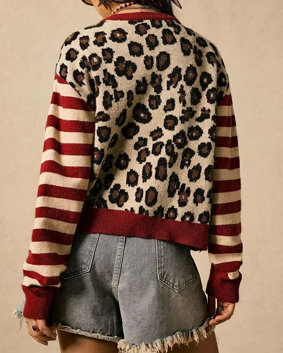 Leopard Stripe Color Block Button-Down Cardigan