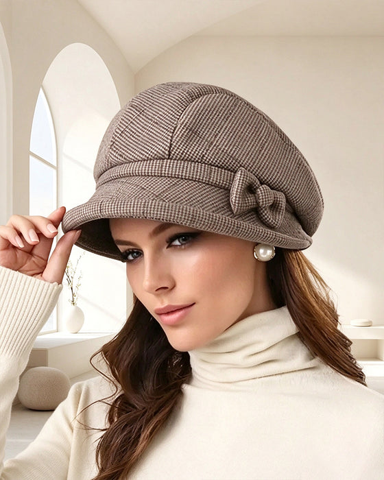 Women's Elegant Plaid Pattern Bow Decor Beret