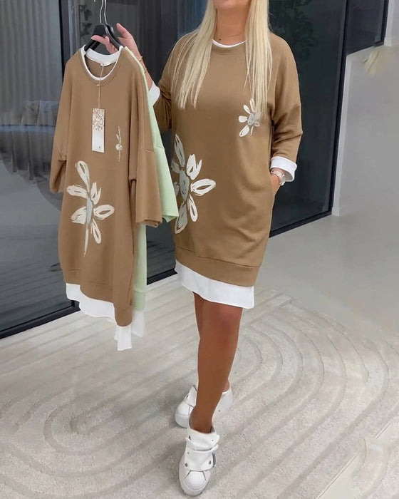 Crew Neck Printed Patchwork Sweatshirt Dress