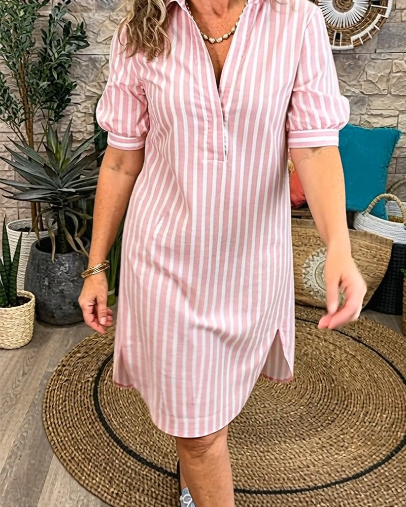 Lapel Stripe Slit Dress