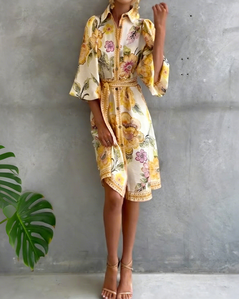 French Lantern Sleeve Notched Collar Printed Dress