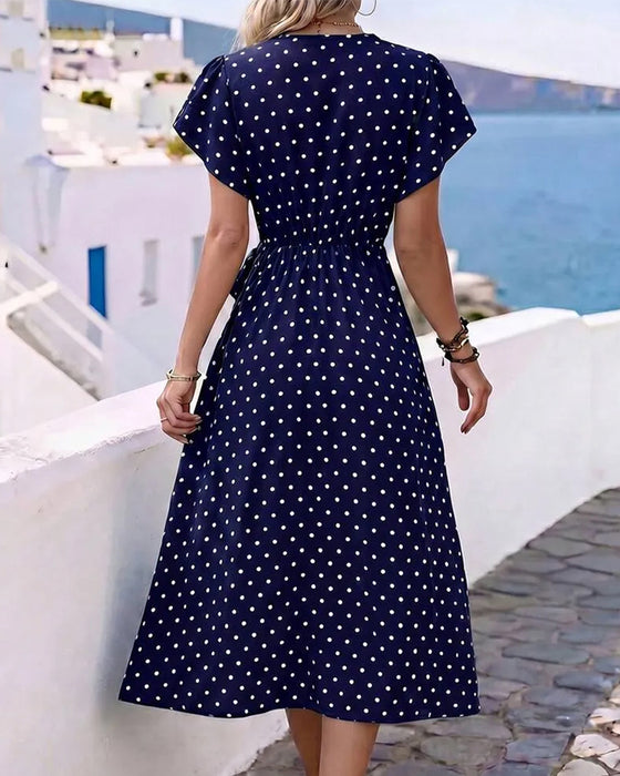 V-Neck Polka Dot Ruffle Waist Dress