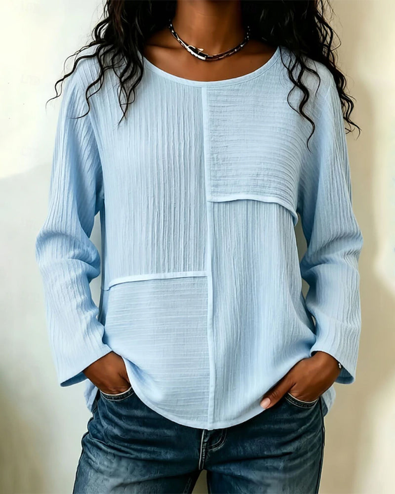 Long-Sleeve Patchwork Crew-Neck Blouse