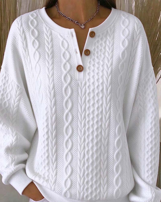 V-Neck Buttoned Cable Solid Color Sweatshirt