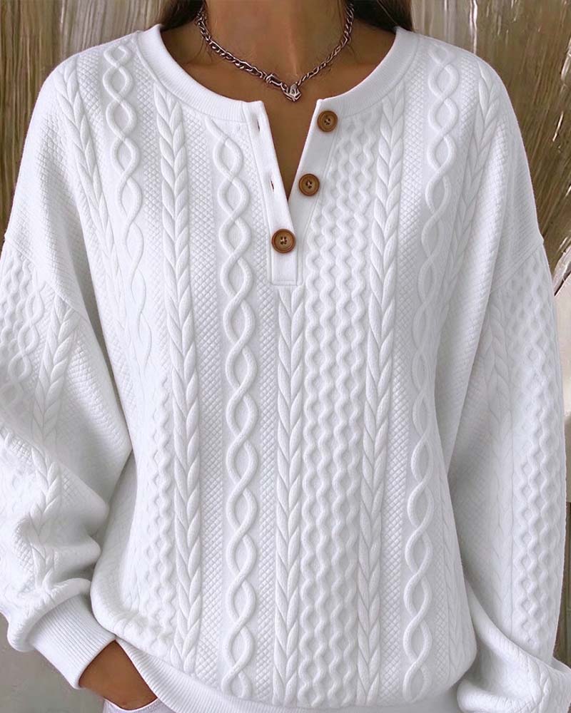 V-Neck Buttoned Cable Solid Color Sweatshirt