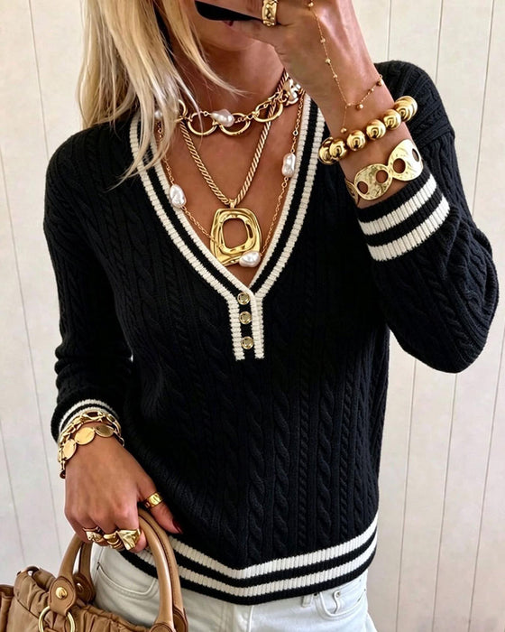 Contrast Trim V-Neck Sweater Pullover