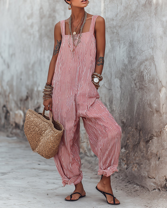 Wide Strap Striped Overalls Jumpsuit