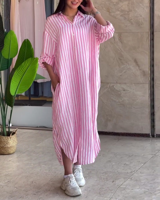Loose Lapel Striped Dress
