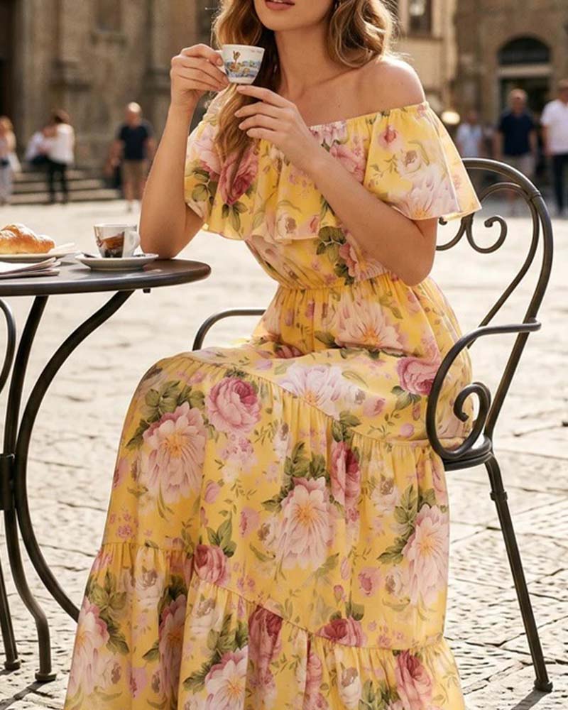 Off-the-Shoulder Floral Waist-Cinching Dress