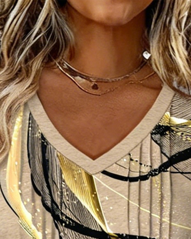 V-Neck Printed Pit Strip Long-Sleeved Top