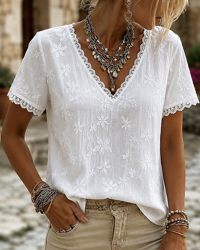 V-Neck Lace Short Sleeve Blouse