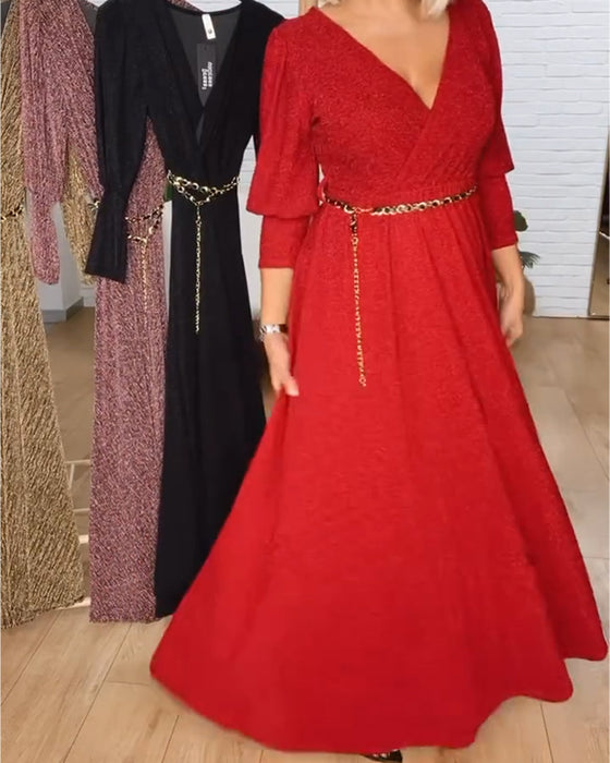 Stylish Solid Color V-Neck Dress