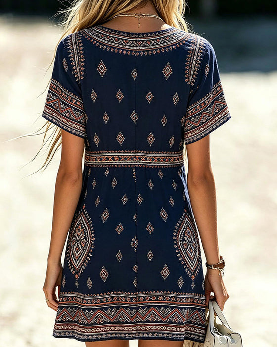 V-Neck Short-Sleeved Geometric Print Dress