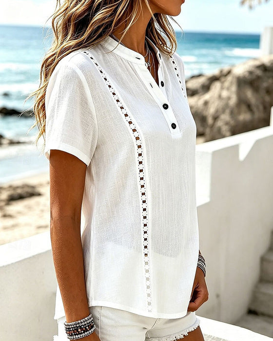 V-Neck Hollow Out Solid Blouse